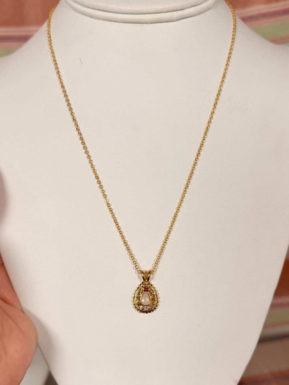 Vintage Dainty Gold Teardrop Necklace with Genuine Opal & Ruby